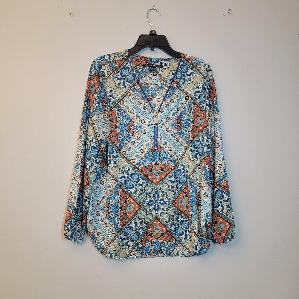 Zach & Rachel Women's Zip Up Blouse, Blue, Coral & Tan Paisley & Floral, Size M